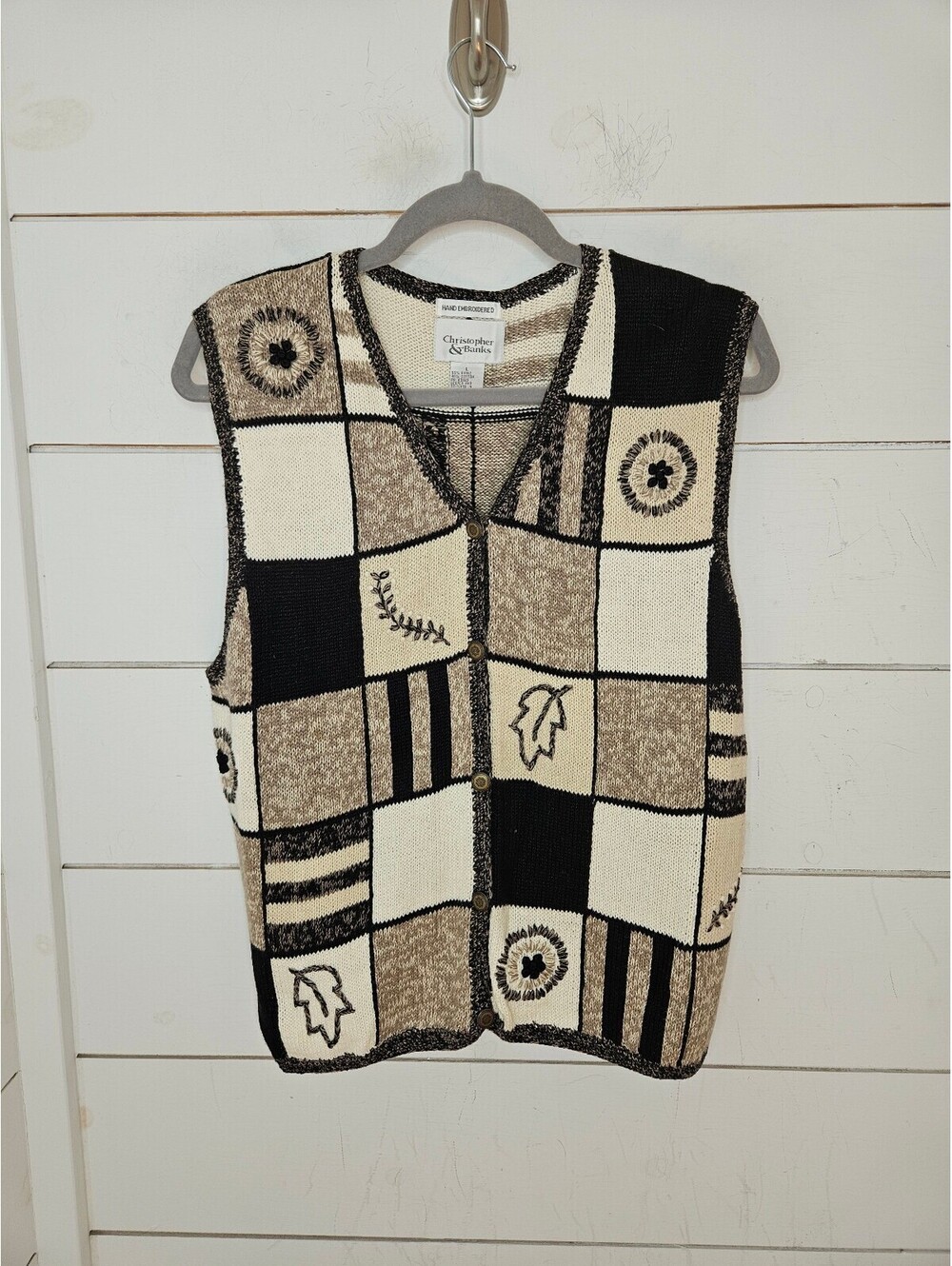 Christopher & Banks large cream tan & black embroidered button up vest